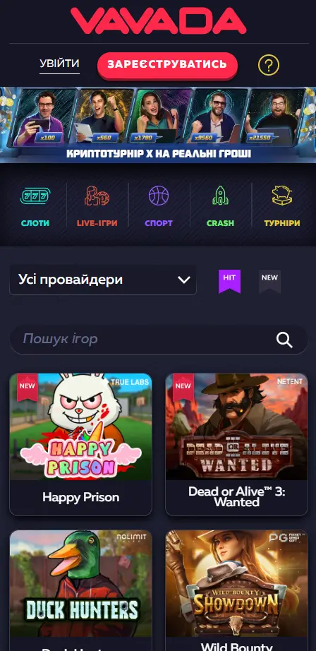 Мобільна версія головної сторінки казино Vavada з навігацією по категоріях ігор: слоти, live-ігри, спорт, crash та турніри, банером криптотурніру і сіткою ігрових автоматів