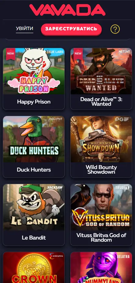 Каталог популярних слотів казино Vavada: Happy Prison від True Labs, Dead or Alive 3 Wanted від NetEnt, Duck Hunters від Nolimit, Wild Bounty Showdown від PG Soft, Le Bandit від Hacksaw та Vituss Britva God of Random від TrueLab